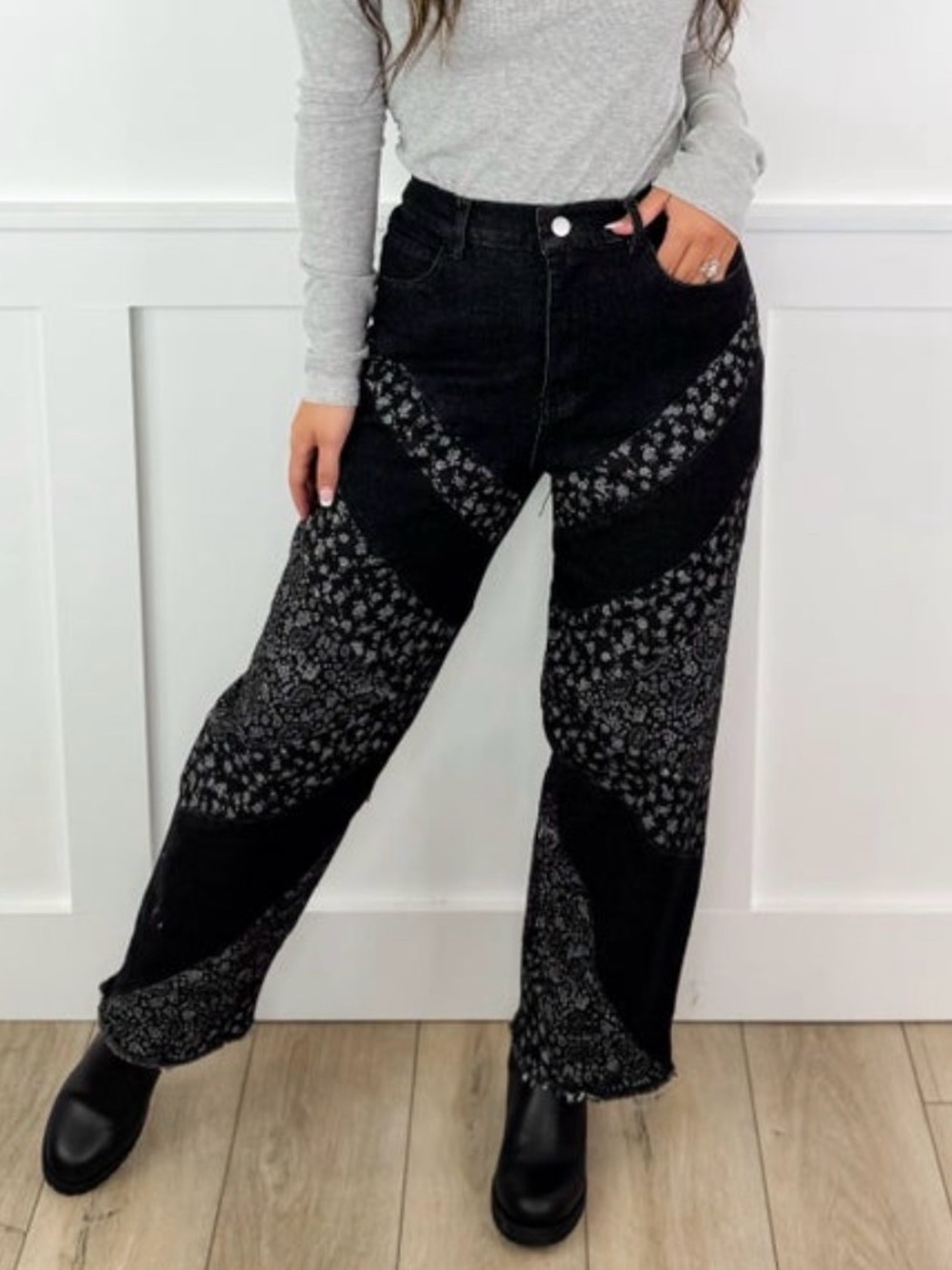 DAVI & DANI Black Patchwork Paisley Wide-Leg Jeans
